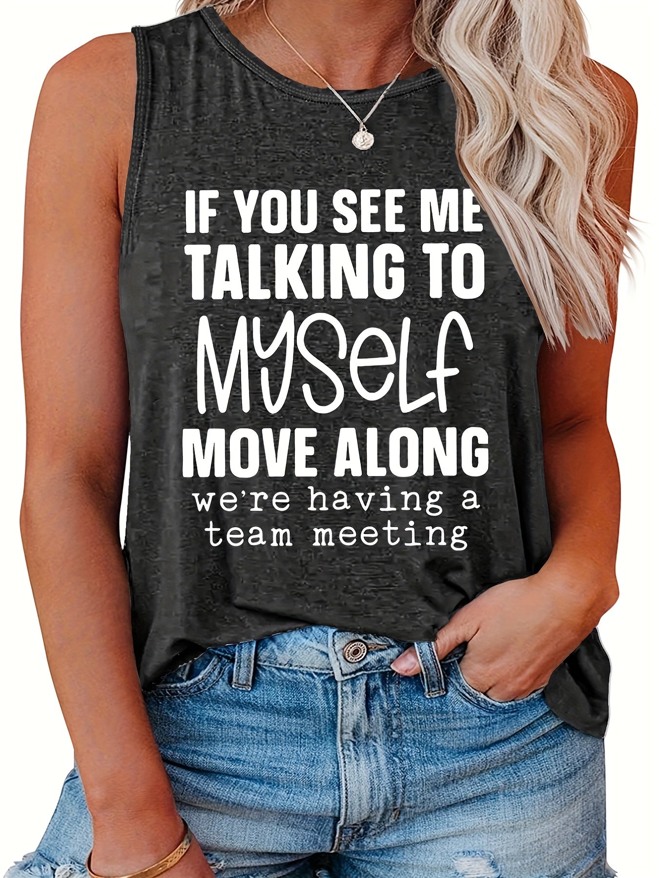  Casual Tank Top Women's Plus Slogan Print Round Neck Tank Top