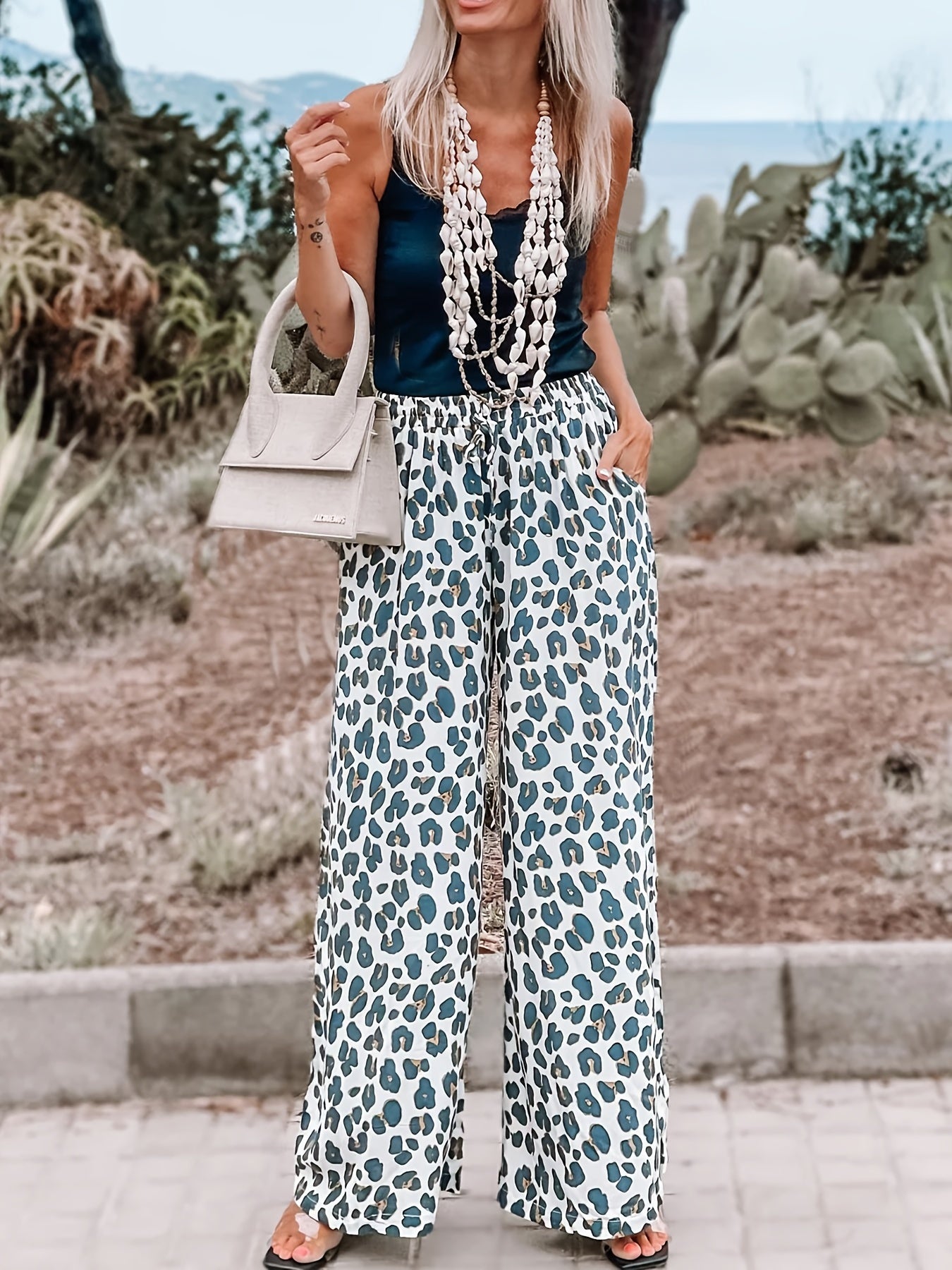  Leopard Print Elastic High Rise Wide Leg Trousers