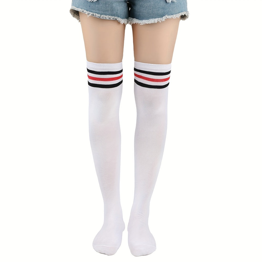 Striped Trim Thigh High Socks Over The Knee Stockings