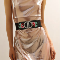 Vintage Flower Embroidery Belt Elastic Wide Waistband Dress Girdle