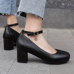 Women's Mid Chunky Heels Comfortable Closed Toe Buckle Strap Shoes