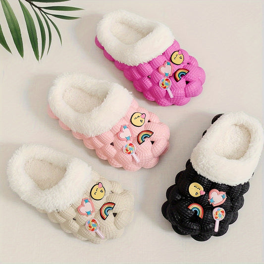 Girls' Fleece House Shoes with Cartoon Charms, Non Slip Soft Bottom