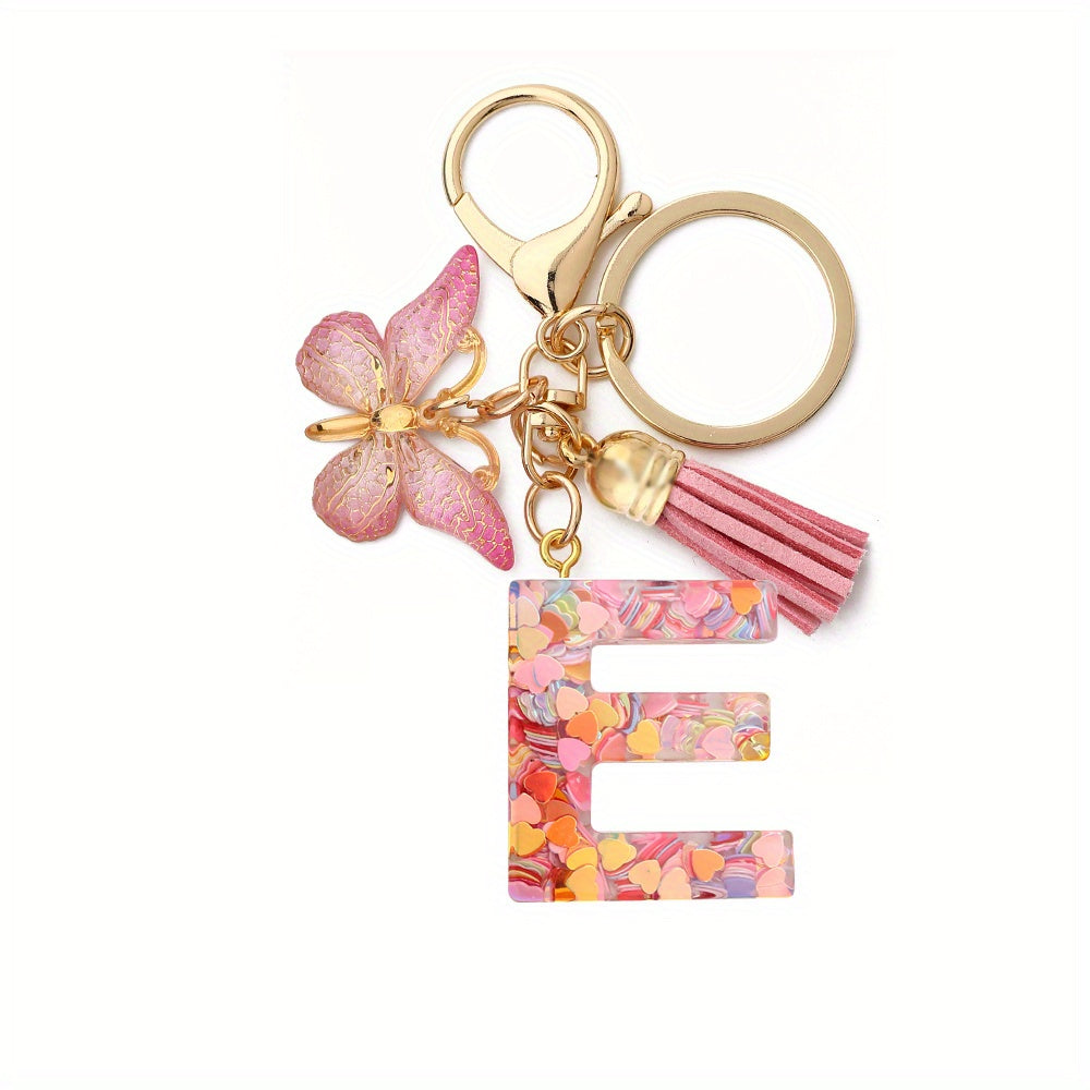 Initial Letter Keychain Tassel Butterfly Pendant Key Ring For Purse Handbags