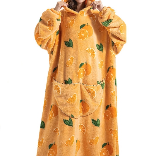 Fruit Print Fuzzy Lounge Robes Hooded Long Sleeve With Pockets
