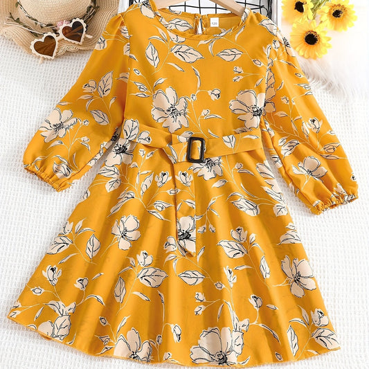 Floral Print Flounce Sleeve Belted Dress