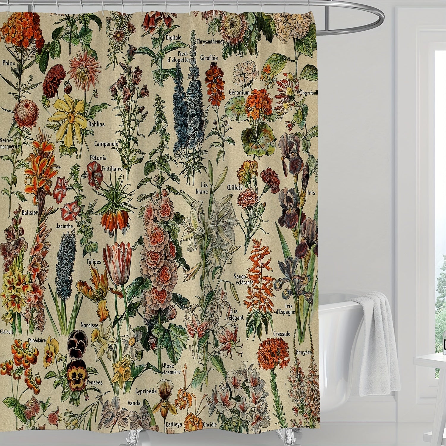 Waterproof Vintage Flower Print Shower Curtain with 12 Hooks
