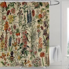 Waterproof Vintage Flower Print Shower Curtain with 12 Hooks