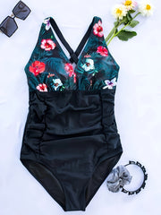  Colorblock Tropical Print V Neck One Piece Swimsuit