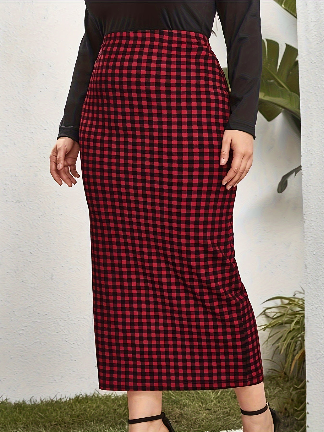 Women's Plus Plaid Print High Rise Bodycon Midi Skirt