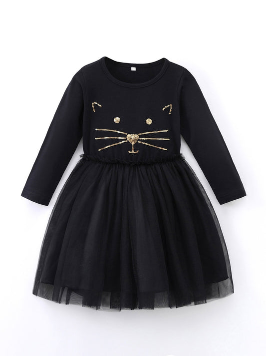 Girls' Sequin Mesh Dress with Embroidery