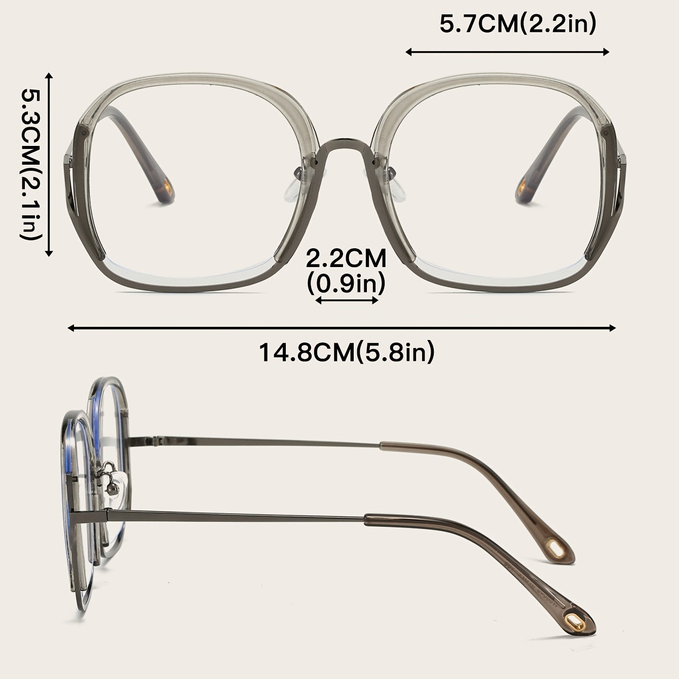 Square Block Semi Rimless Frame Clear Lens Metal Temple Light Blocking Glasses