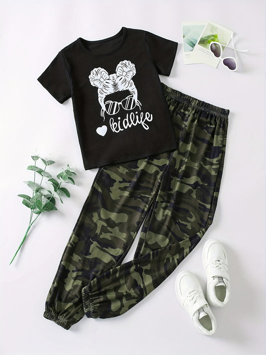 Girl's 2pcs T shirt & Camo Pants Set Sunglasses Print Kids Clothes