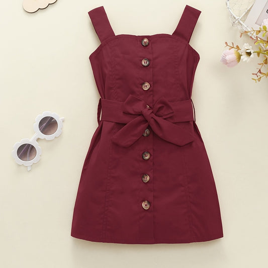 Girls Casual Button Up Cami Dress With Bow Belt