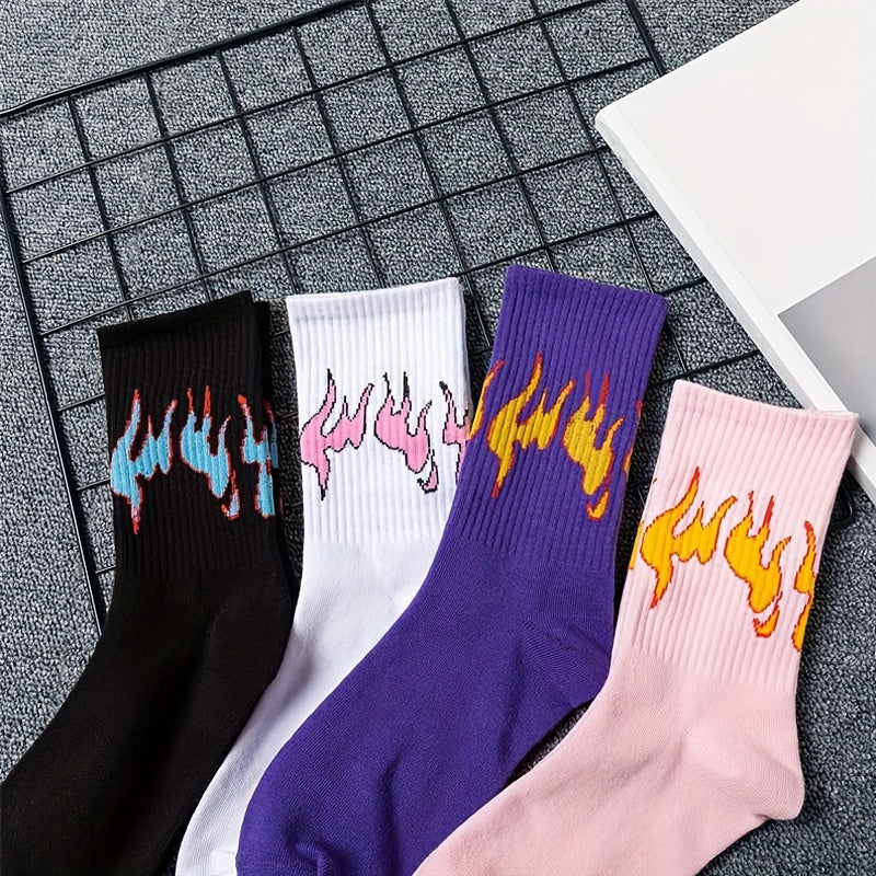 4 Pairs Flame Print Socks Women's Stockings