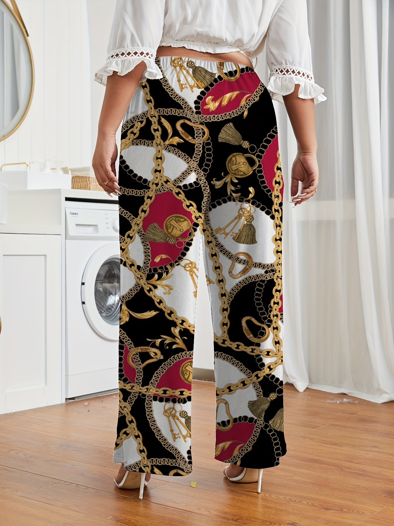 Women's Plus Chain & Lock Paisley Print Wide Leg Elastic Waist Pants