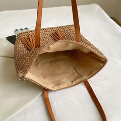 Colorblock Straw Tote Bag Woven Shoulder Bag With Tassel Decor