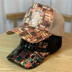 Plaid Sequins Baseball Cap Y2K Hip Hop Mesh Trucker Hat Unisex