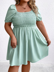  Solid Shirred Puff Sleeve Mini Dress