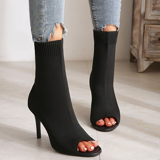Women's Peep Toe Stretch Ankle Boots Slip On Stiletto Heels