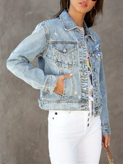 Flap Pockets Denim Jacket Long Sleeves Washed Lapel Coat