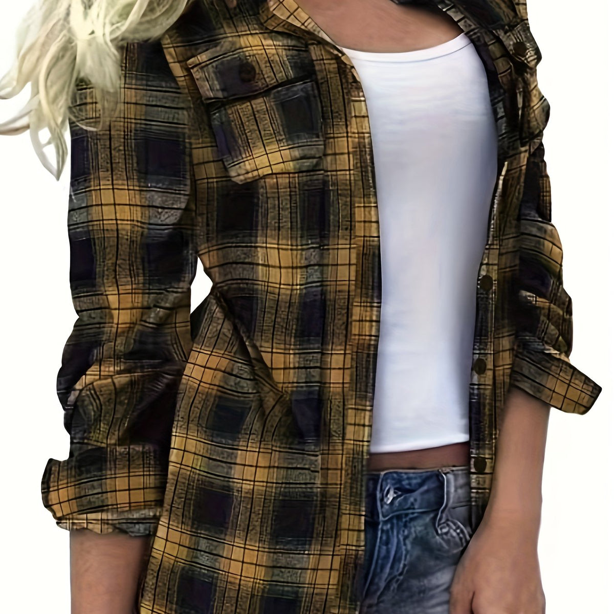Women's Plus Plaid Long Sleeve Button-Up Shirt