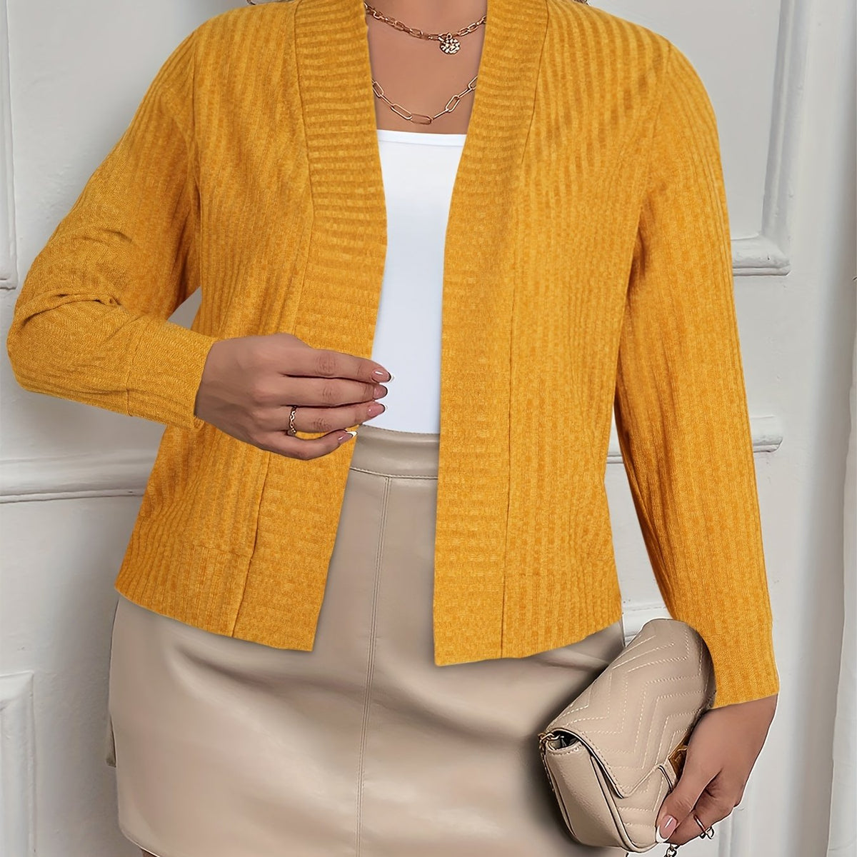  Solid Ribbed Long Sleeve Open Front Cardigan