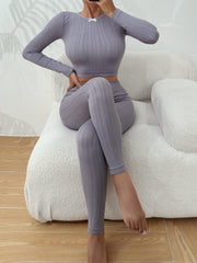 Solid Textured Pajama Set Long Sleeve Crew Neck Top & Stretchy Pants