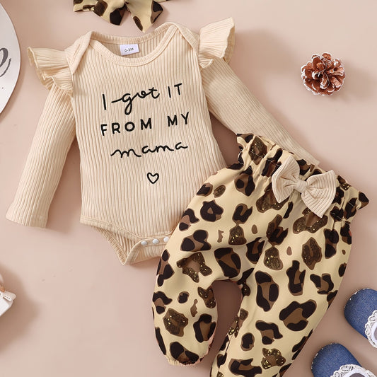 3pcs Baby's Ruffle Long Sleeve Bodysuit & Leopard Pants Set