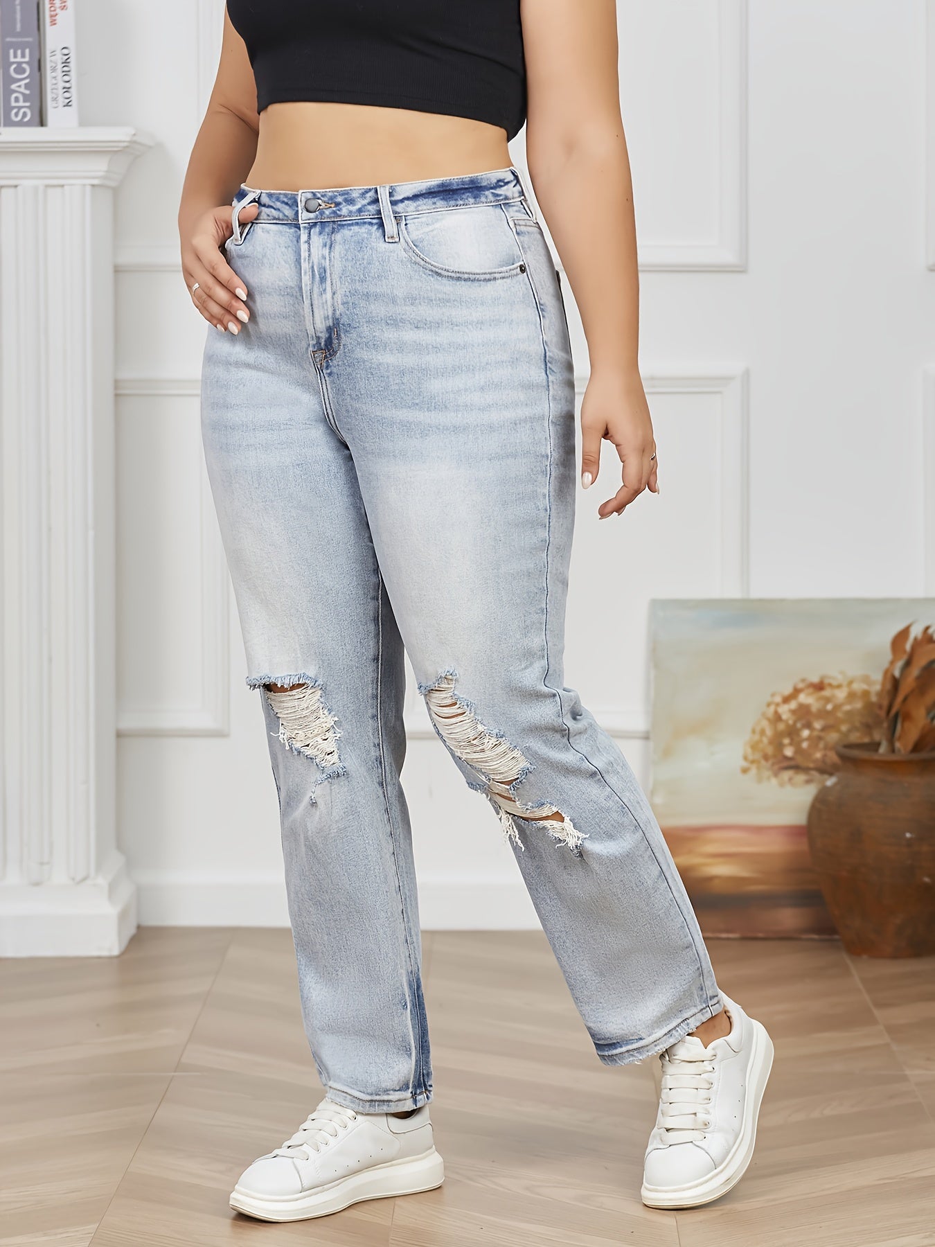  Solid Ripped Button Fly High Rise Stretch Straight Leg Jeans