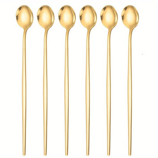 6pcs Stainless Steel Ice Tea Spoons Long Handle Golden Mirror Finish