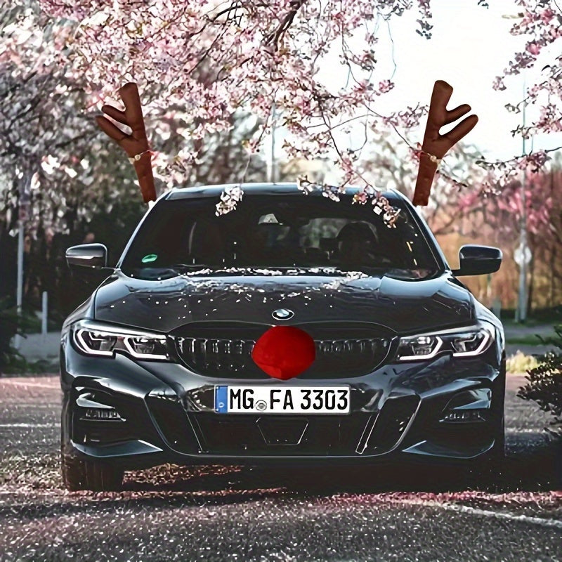 Christmas Car Reindeer Antlers Kit Red Nose Bell