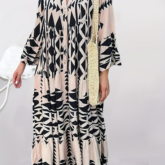  Geometric Print Button Up Maxi Dress