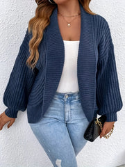  Solid Ribbed Lantern Sleeve Cardigan