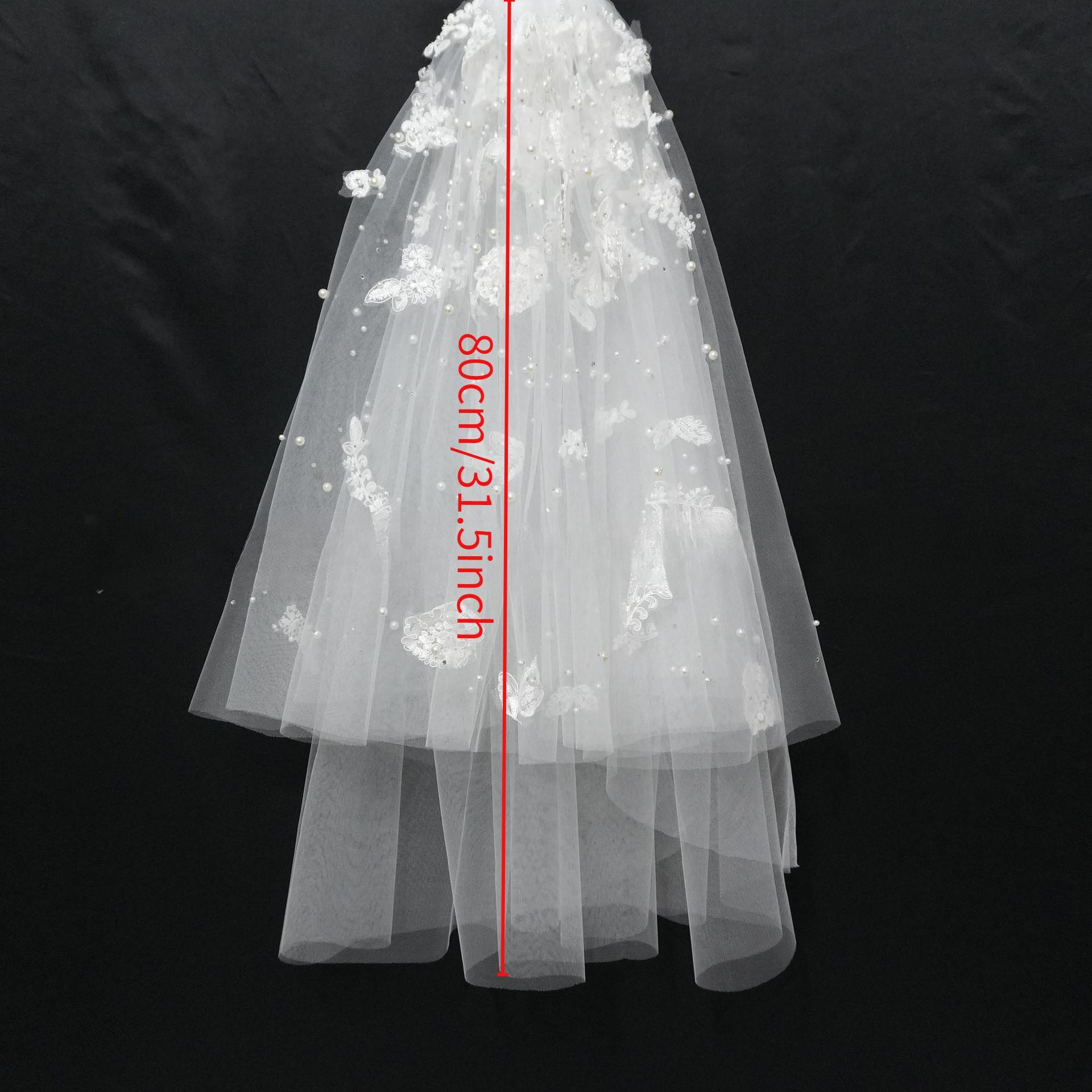 Forest Themed Short Lace Veil with Handcrafted Pearl Butterfly Trim