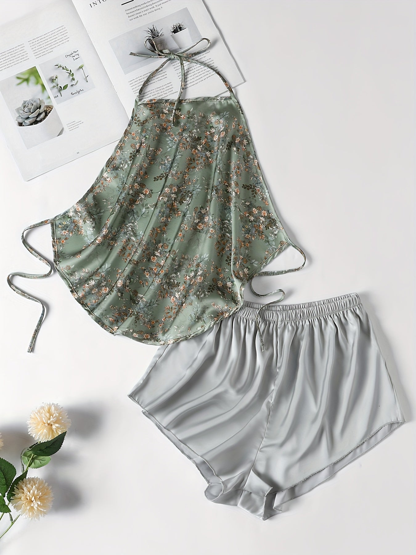 Floral Print Pajama Set Halter Lace Up Top & Shorts