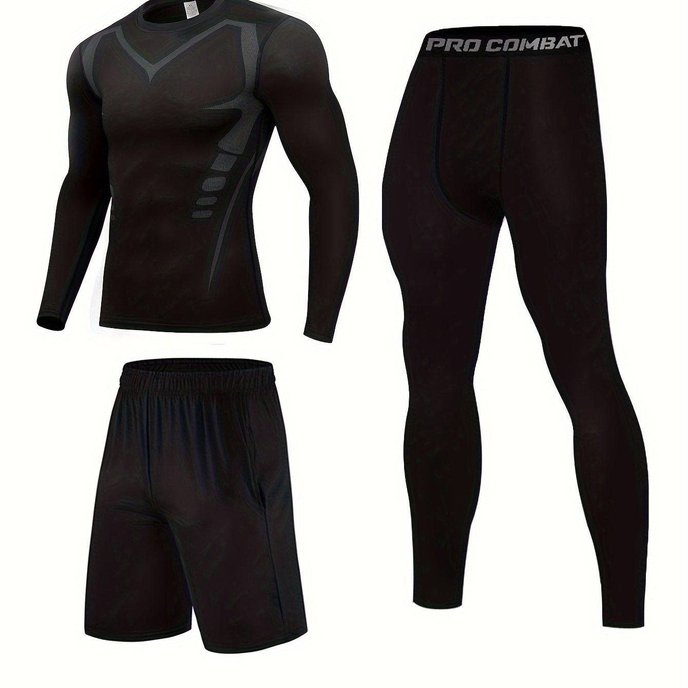Men's 3pcs Sports Set Long Sleeve Compression T shirt Shorts Leggings