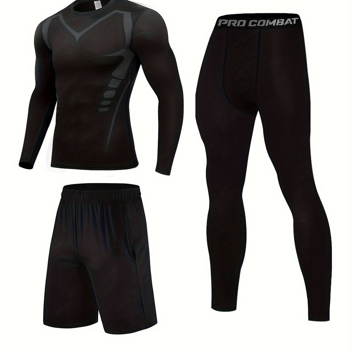 Men's 3pcs Sports Set Long Sleeve Compression T shirt Shorts Leggings