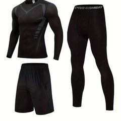 Men's 3pcs Sports Set Long Sleeve Compression T shirt Shorts Leggings
