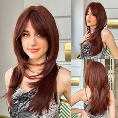 Long Straight Layered Wig with Bangs Middle Parting Brown Hair