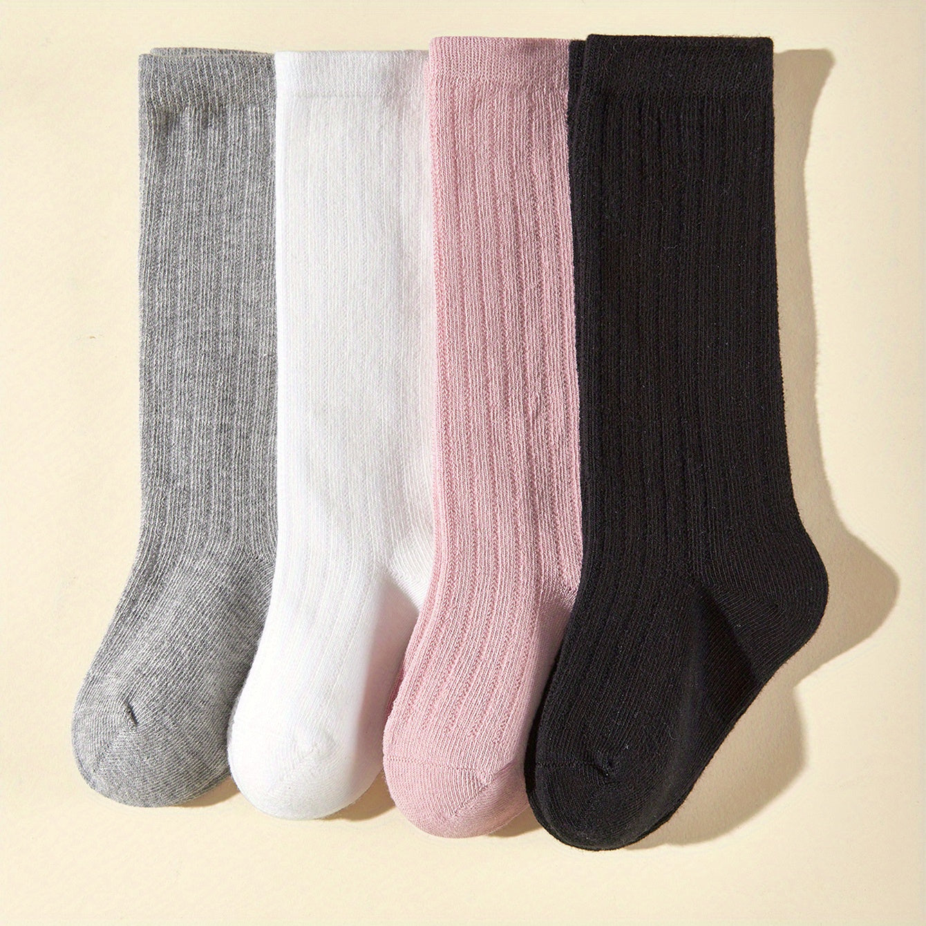 4 Pairs Kids Solid & Striped Knee High Socks for Soccer Football