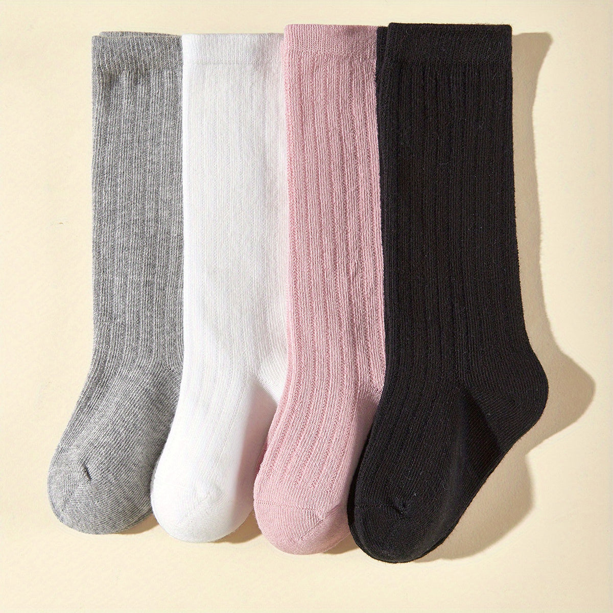 4 Pairs Kids Solid & Striped Knee High Socks for Soccer Football