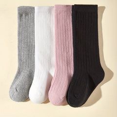 4 Pairs Kids Solid & Striped Knee High Socks for Soccer Football