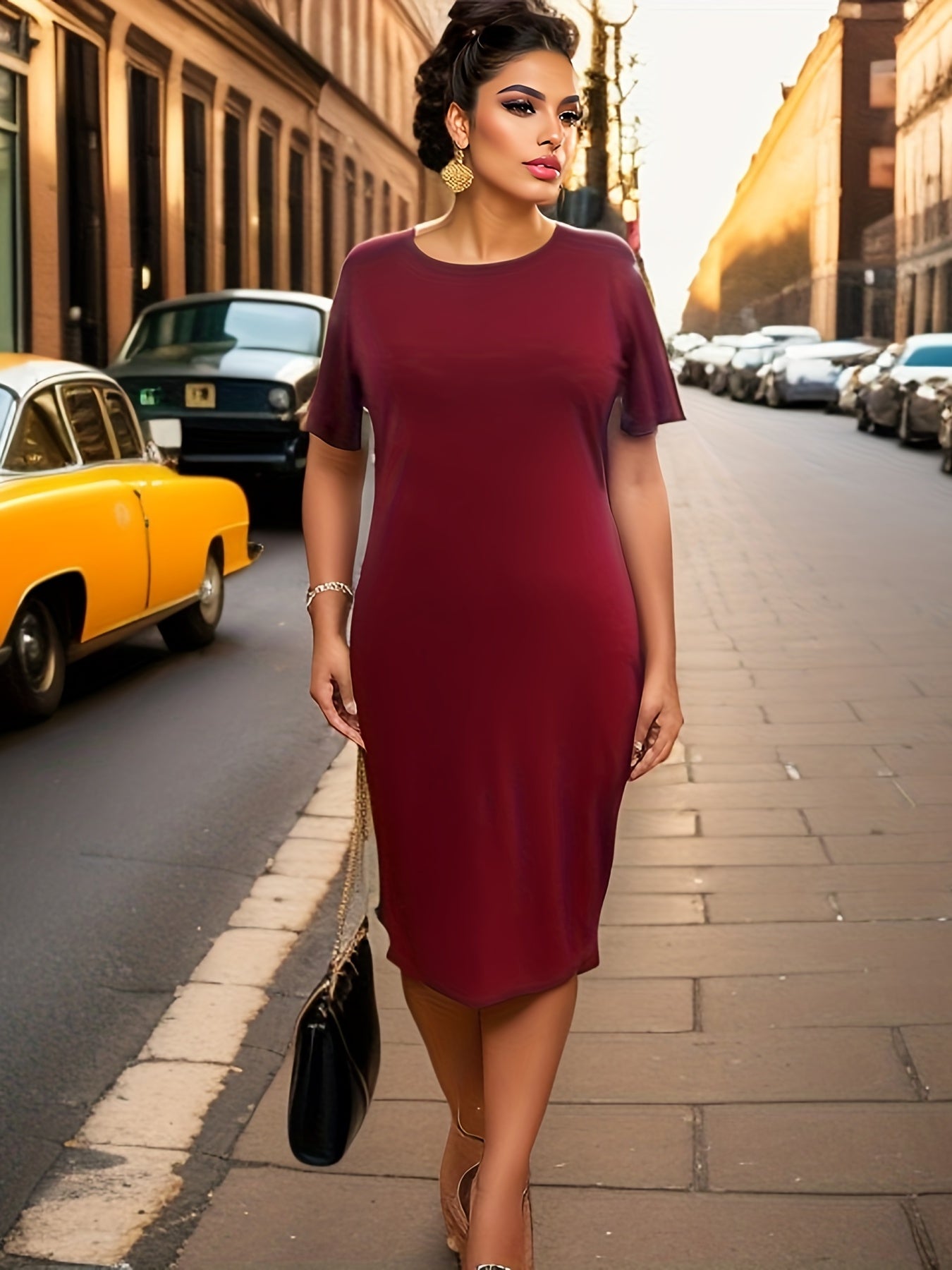  Solid Layered Sleeve Round Neck Midi Dress
