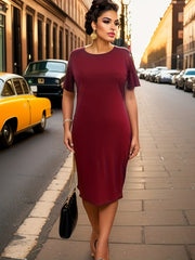 Solid Layered Sleeve Round Neck Midi Dress
