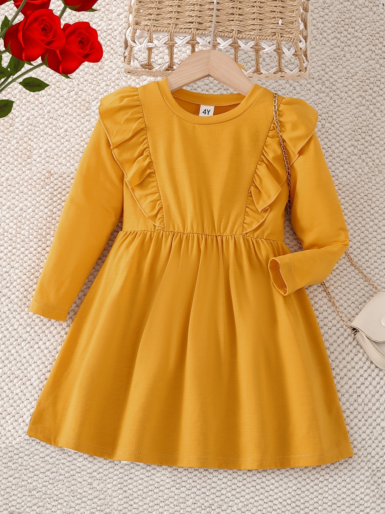 Girls' Frill Trim Long Sleeve Dress for Holiday