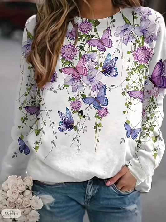 Butterfly Print Sweatshirt Crew Neck Long Sleeve Women's Clothing