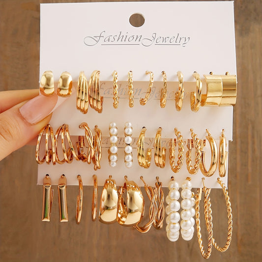 Golden Hoop Earrings with Faux Pearl Decor