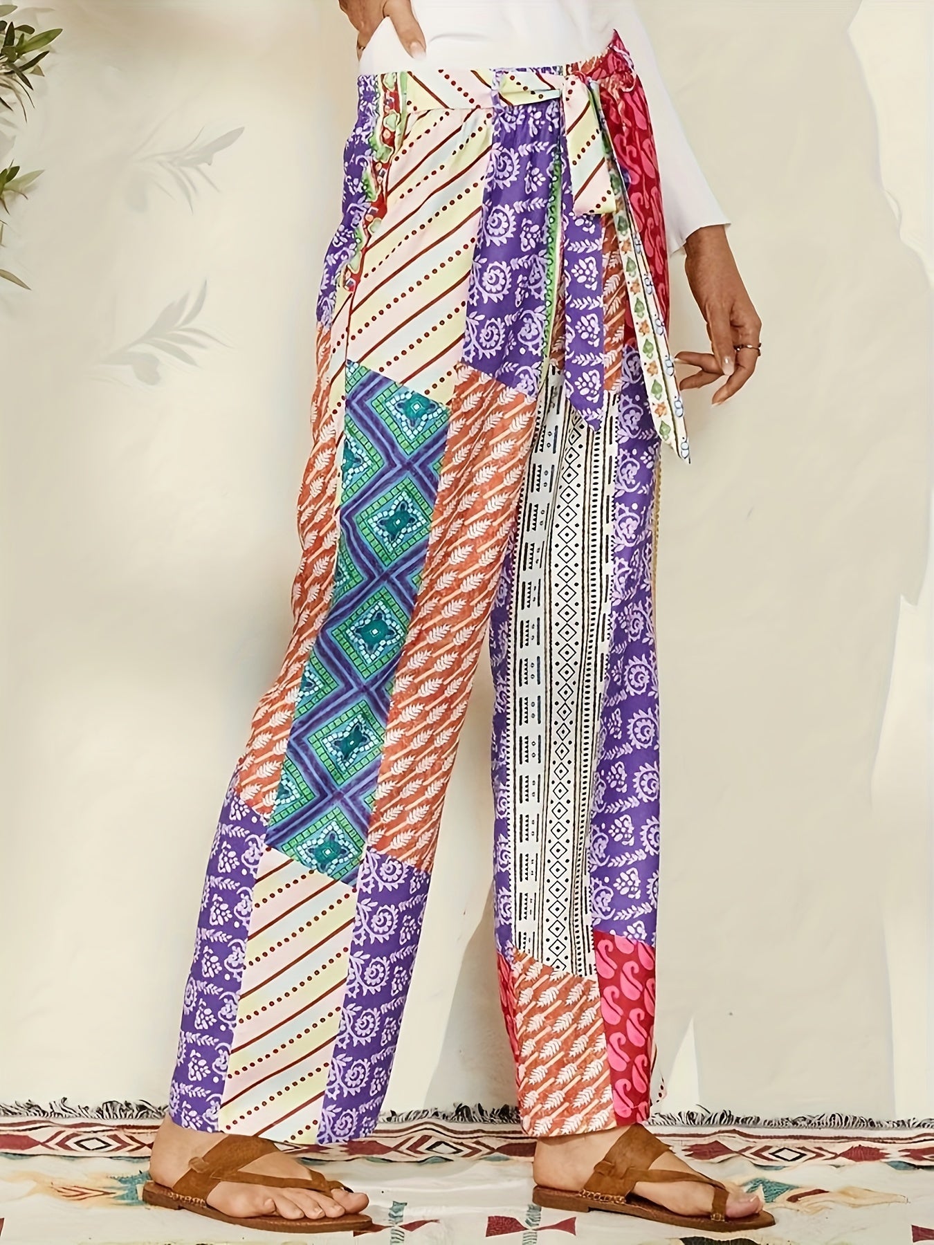  Patchwork Geo Print Loose Trousers With Belt