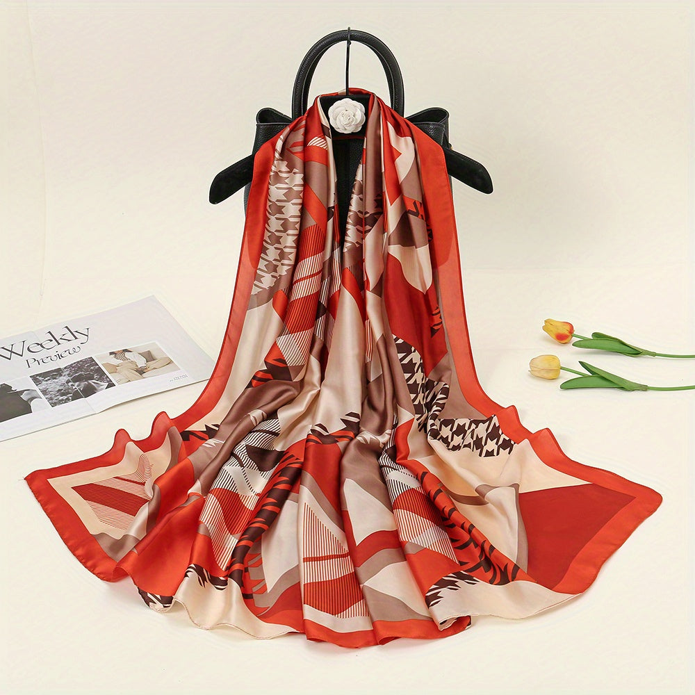 Red Houndstooth Print Scarf Satin Shawl Windproof Head Wrap