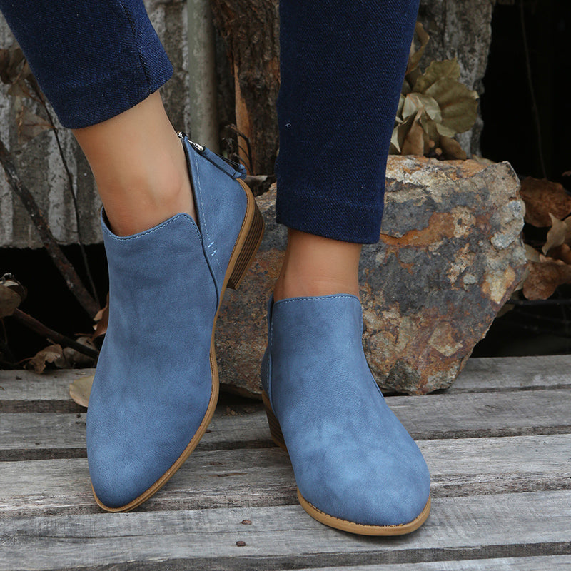 Women's Low Heel Ankle Boots, Back Zipper, Pointed Toe, Faux Leather